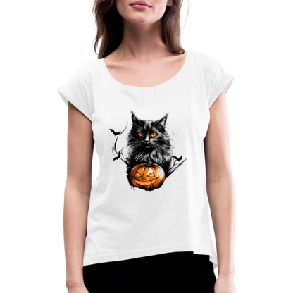 Schwarze Katze mit Halloween Kürbis - Frauen T-Shirt mit gerollten Ärmeln - by Artful Alchemist