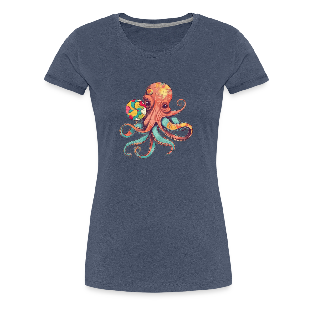 Lustiger Comic Oktopus mit Lollipop - Frauen Premium T-Shirts - Blau meliert