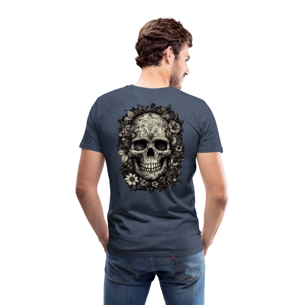 Boho Totenkopf mit Tattoos und Blumen - Männer Premium T-Shirt - Blau meliert