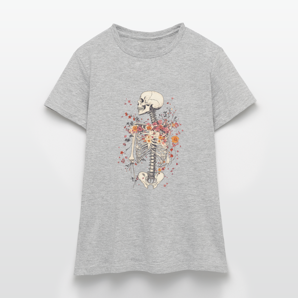 Skelett mit zarten Blumen im Boho Look - Frauen T-Shirt - Grau meliert