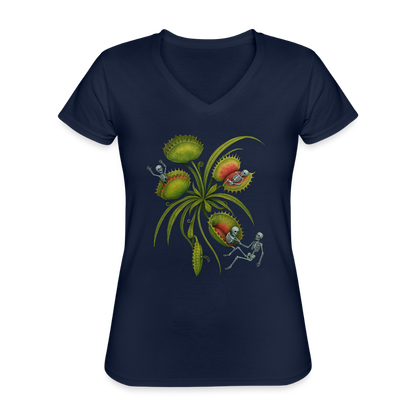 Flora Mortis - Venusfliegenfalle mit Skeletten - Klassisches Frauen-T-Shirt mit V-Ausschnitt - by Artful Alchemist
