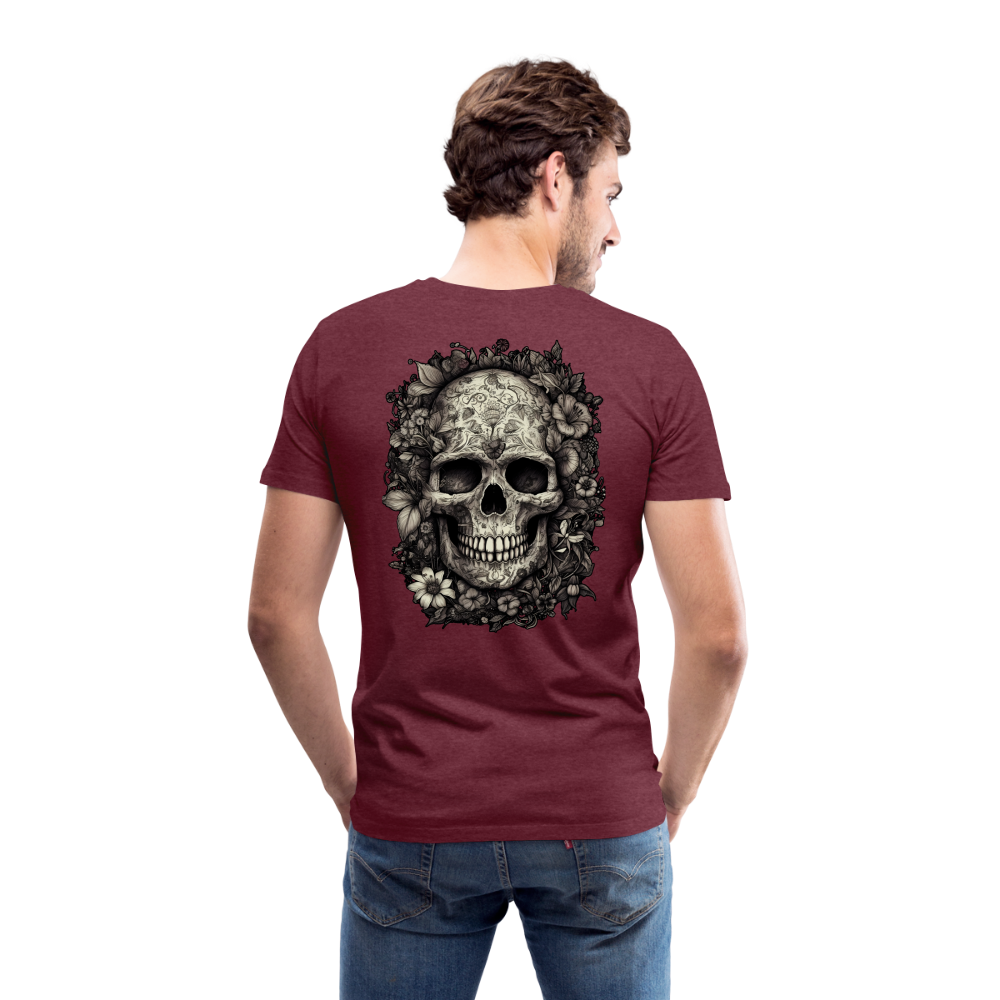 Boho Totenkopf mit Tattoos und Blumen - Männer Premium T-Shirt - Bordeauxrot meliert