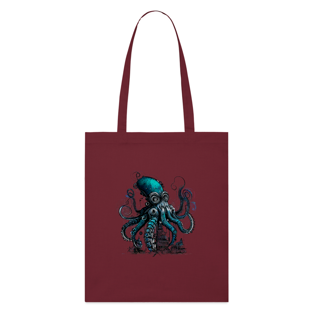 Steampunk Riesenkraken über kleinem Dorf - Stofftasche - Burgunderrot