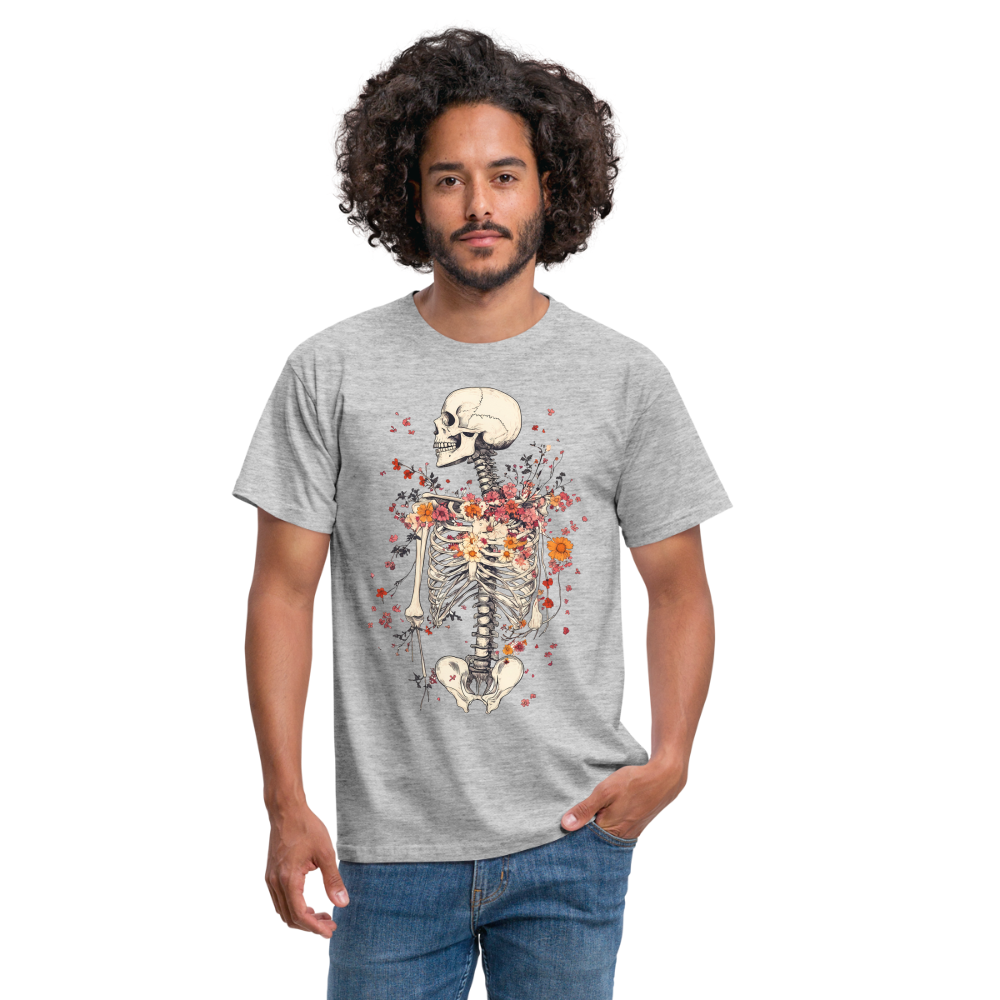 Skelett mit zarten Blumen im Boho Look - Männer T-Shirt - Grau meliert