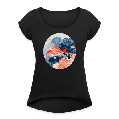 Bunter Meeres Fisch - Frauen T-Shirt mit gerollten Ärmeln - Schwarz