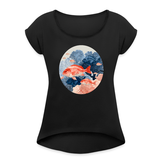 Bunter Meeres Fisch - Frauen T-Shirt mit gerollten Ärmeln - Schwarz