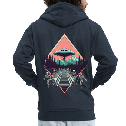 Retro UFO 80er Jahre Motiv - Surreale Skelette und Rolltreppe Richtung UFO - Männer Premium Kapuzenjacke - by Artful Alchemist