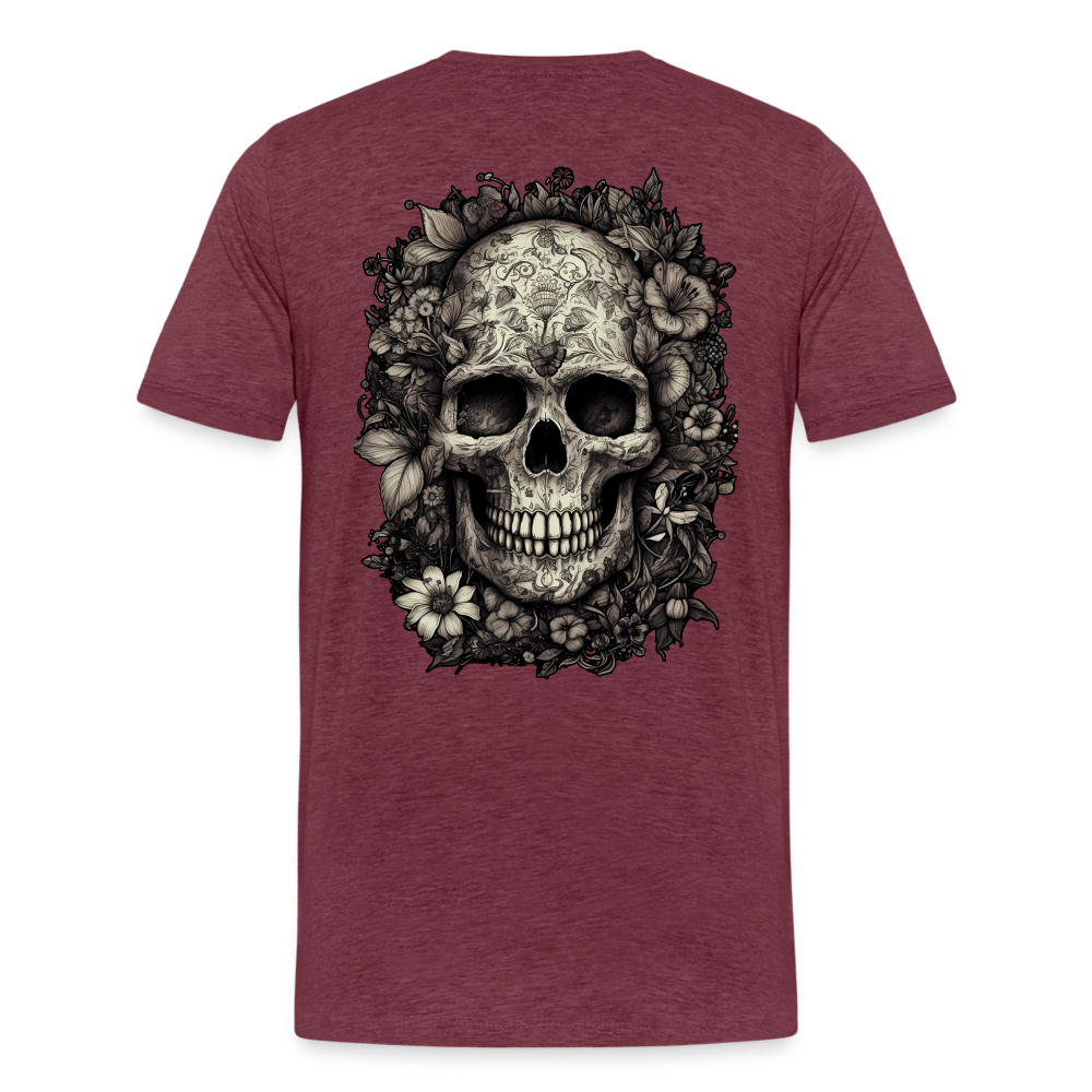 Boho Totenkopf mit Tattoos und Blumen - Männer Premium T-Shirt - Bordeauxrot meliert