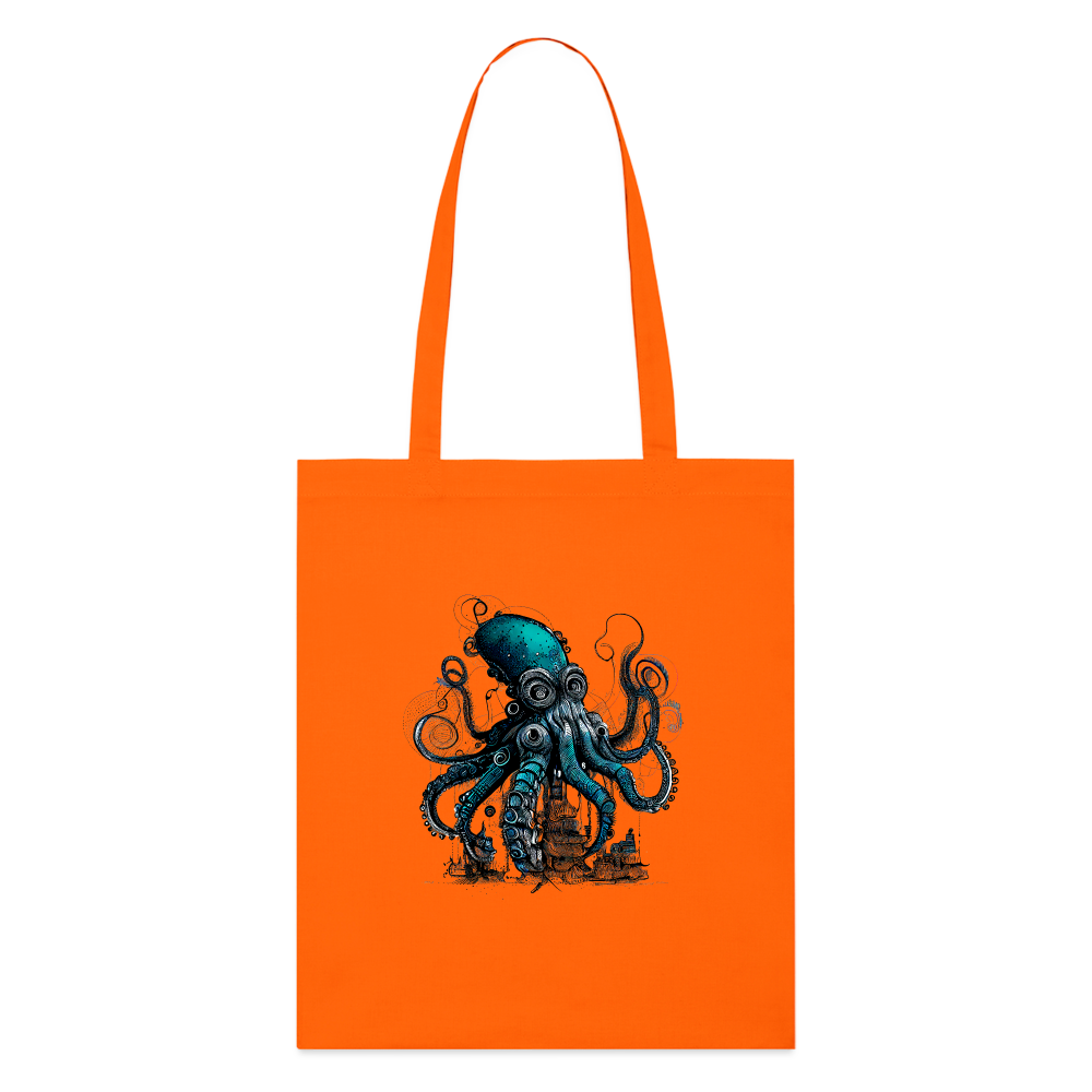 Steampunk Riesenkraken über kleinem Dorf - Stofftasche - Tieforange