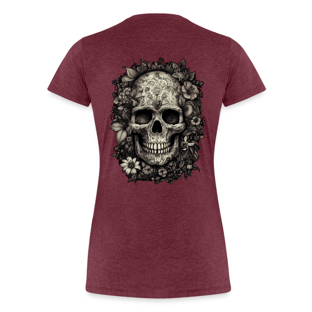 Boho Totenkopf mit Tattoos und Blumen - Frauen Premium T-Shirt - Bordeauxrot meliert