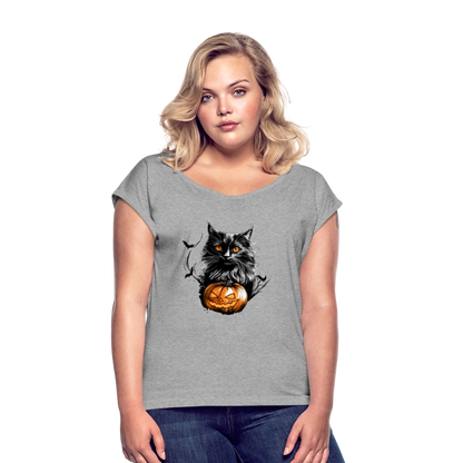 Schwarze Katze mit Halloween Kürbis - Frauen T-Shirt mit gerollten Ärmeln - by Artful Alchemist