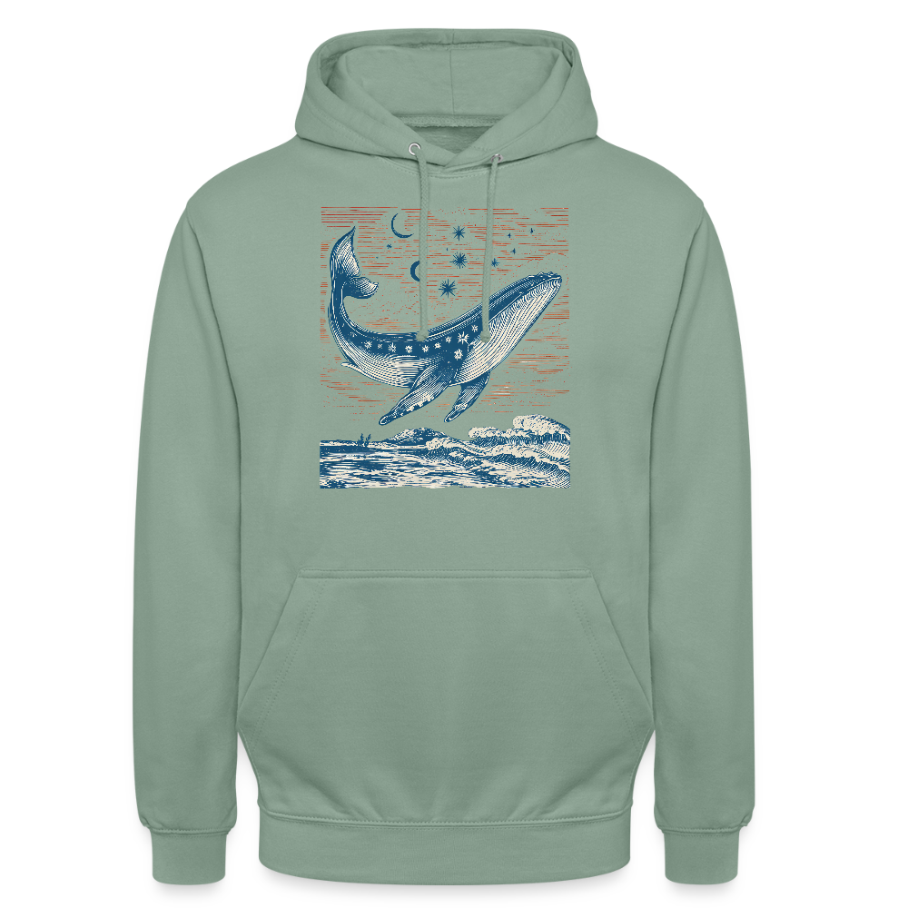 Kosmischer Wal – Retro Ocean Art - Unisex Hoodie - Graugrün