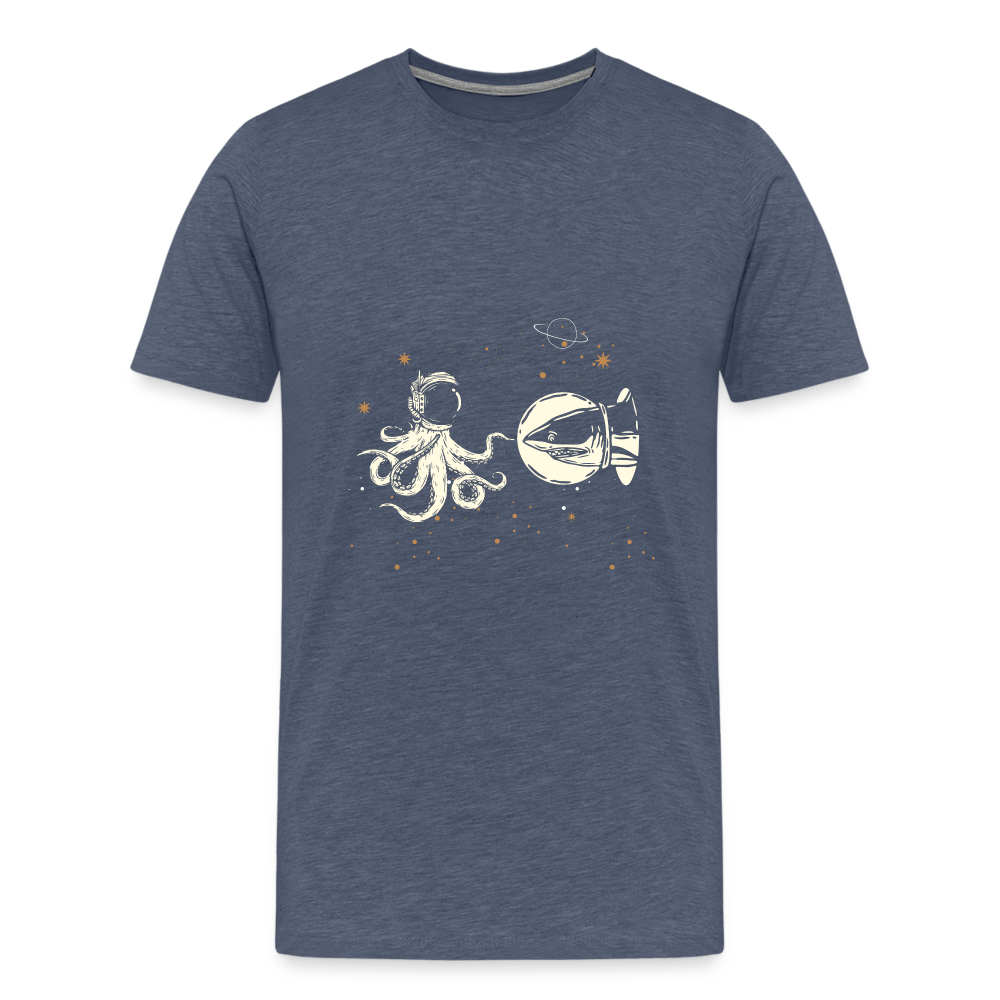 Begegnung zwischen Hai und Oktopus im Weltall - Männer Premium T-Shirts - Blau meliert