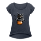 Schwarze Katze mit Halloween Kürbis - Frauen T-Shirt mit gerollten Ärmeln - Navy meliert