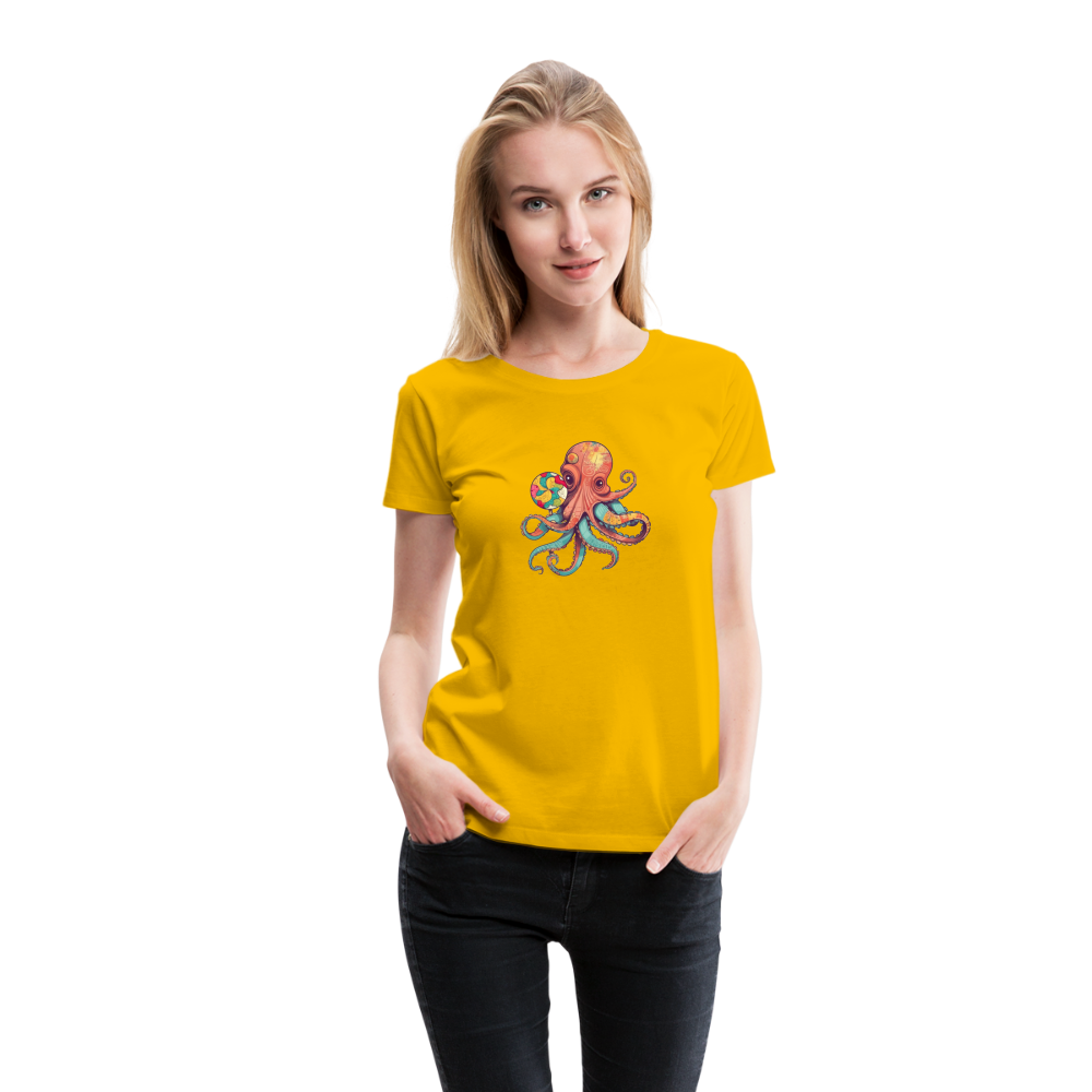 Lustiger Comic Oktopus mit Lollipop - Frauen Premium T-Shirts - Sonnengelb