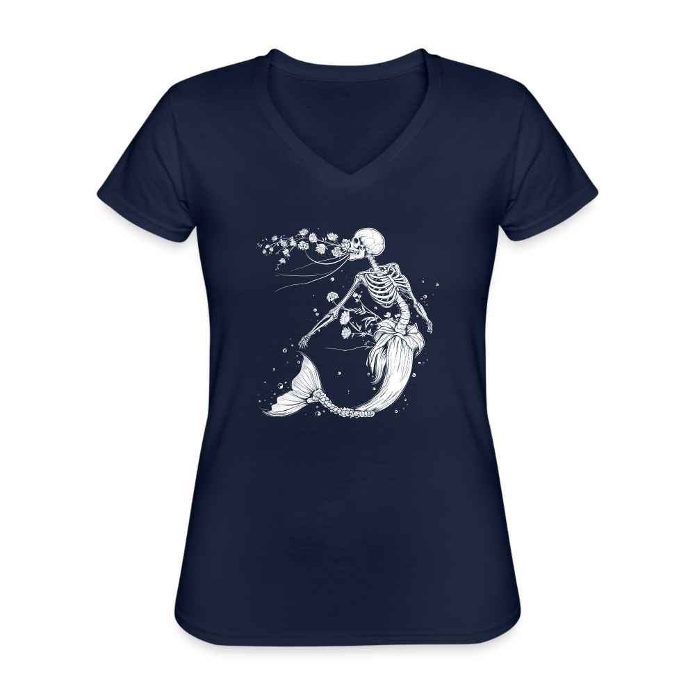 Florale Skelett Meerjungfrau - Klassisches Frauen-T-Shirt mit V-Ausschnitt - Navy