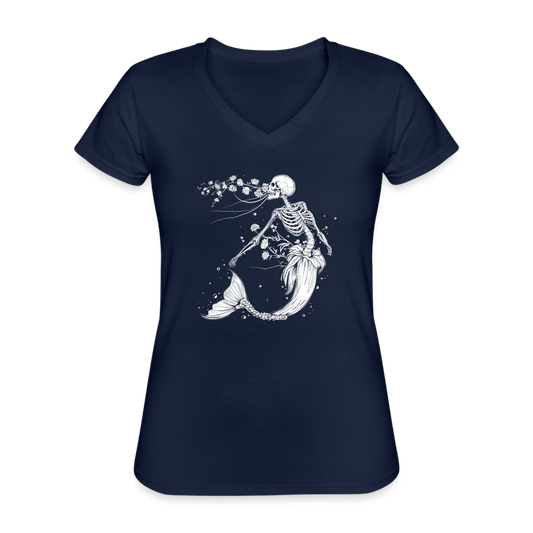 Florale Skelett Meerjungfrau - Klassisches Frauen-T-Shirt mit V-Ausschnitt - Navy