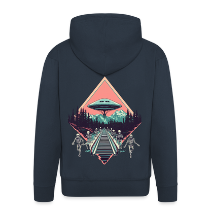 Retro UFO 80er Jahre Motiv - Surreale Skelette und Rolltreppe Richtung UFO - Männer Premium Kapuzenjacke - by Artful Alchemist