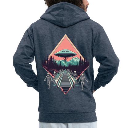 Retro UFO 80er Jahre Motiv - Surreale Skelette und Rolltreppe Richtung UFO - Männer Premium Kapuzenjacke - by Artful Alchemist