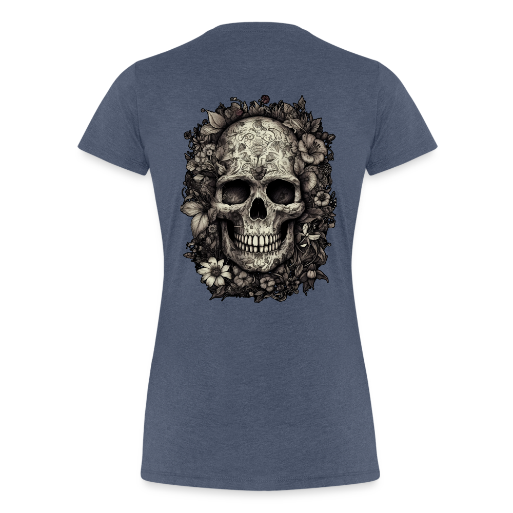 Boho Totenkopf mit Tattoos und Blumen - Frauen Premium T-Shirt - Blau meliert