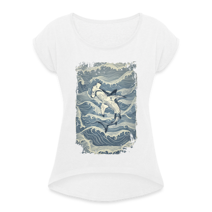 Vintage Hammerhai im japanischen inspirierten Tattoo Stil - Frauen T-Shirt mit gerollten Ärmeln - Weiß