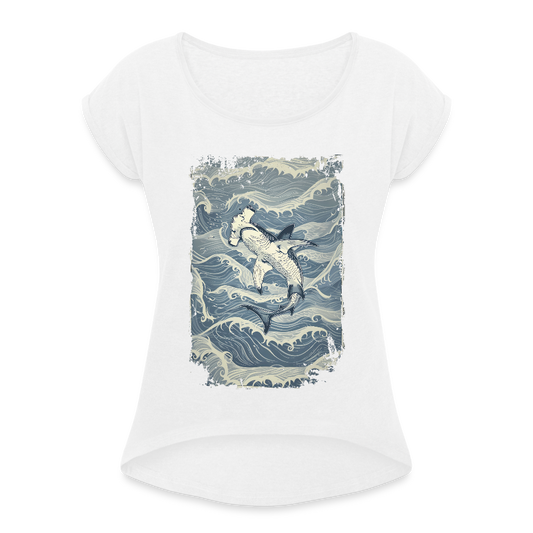 Vintage Hammerhai im japanischen inspirierten Tattoo Stil - Frauen T-Shirt mit gerollten Ärmeln - Weiß