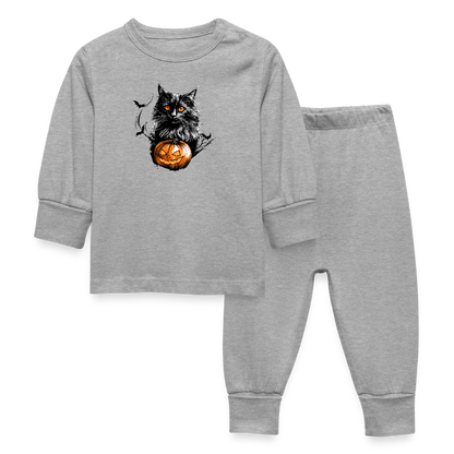 Schwarze Katze mit Halloween Kürbis - Baby Schlafanzug - Grau meliert