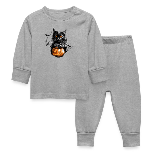 Schwarze Katze mit Halloween Kürbis - Baby Schlafanzug - Grau meliert