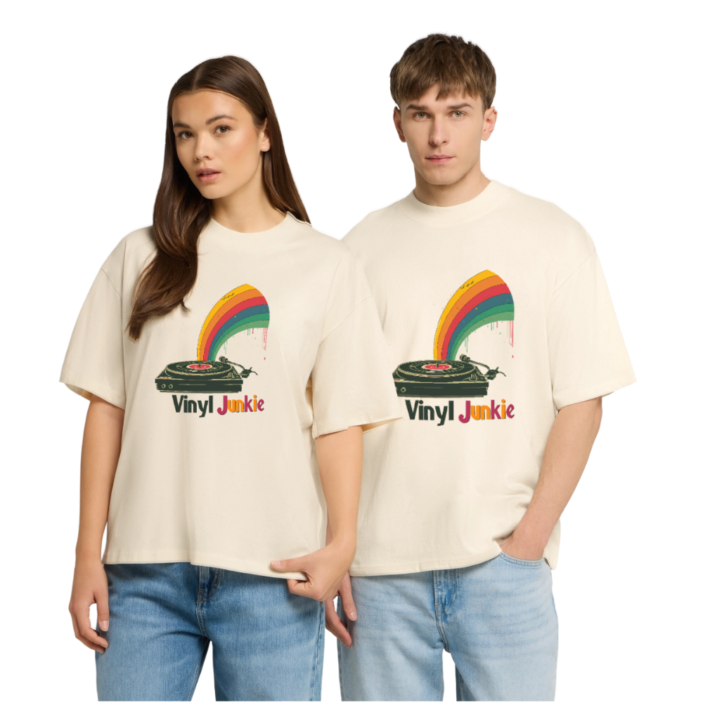 Vinyl Junkie Rainbow - Stanley/Stella Oversized Unisex Bio T-Shirt Blaster 2.0 - by Artful Alchemist