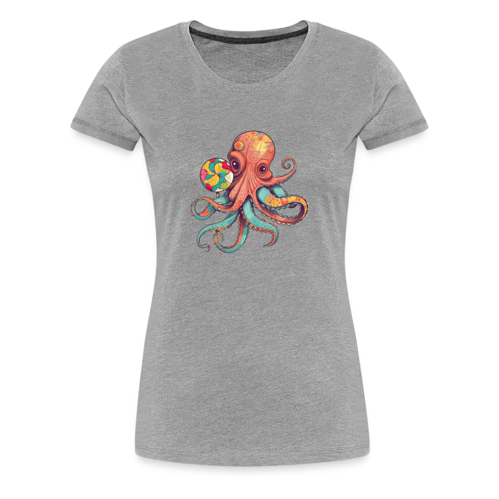 Lustiger Comic Oktopus mit Lollipop - Frauen Premium T-Shirts - Grau meliert