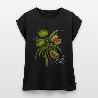 Flora Mortis - Venus Fliegenfalle Pflanze mit Skeletten - Frauen T-Shirt mit gerollten Ärmeln - by Artful Alchemist