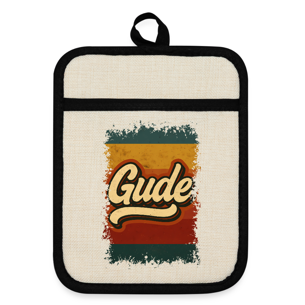 „Gude“ – Retro Look aus Hessen - Topflappen mit Gummirückseite - Leinen/Schwarz 