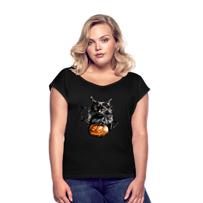 Schwarze Katze mit Halloween Kürbis - Frauen T-Shirt mit gerollten Ärmeln - by Artful Alchemist