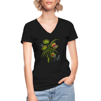 Flora Mortis - Venusfliegenfalle mit Skeletten - Klassisches Frauen-T-Shirt mit V-Ausschnitt - by Artful Alchemist