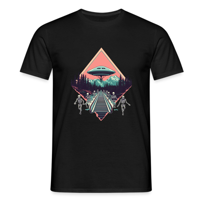 Retro UFO 80er Jahre Motiv - Surreale Skelette und Rolltreppe Richtung UFO - Männer T-Shirt - by Artful Alchemist