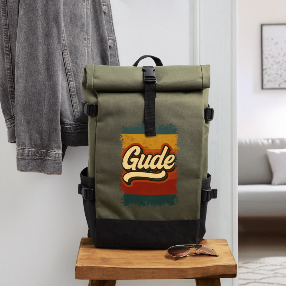 „Gude“ – Retro Look aus Hessen - Rolltop Rucksack - Olive/Schwarz