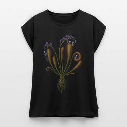 Flora Mortis - Sonnentau Pflanze mit Skeletten - Frauen T-Shirt mit gerollten Ärmeln - by Artful Alchemist