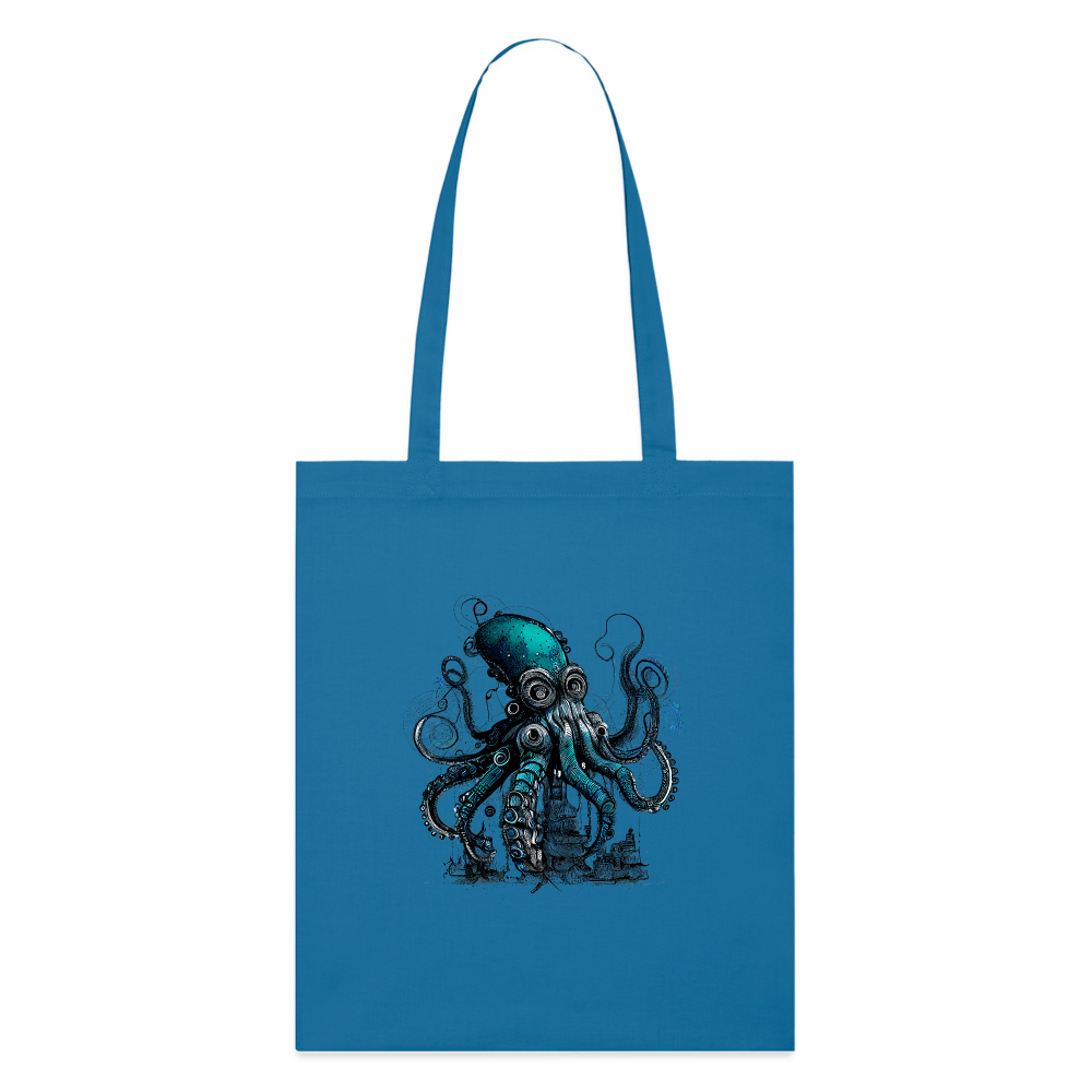 Steampunk Riesenkraken über kleinem Dorf - Stofftasche - Königsblau