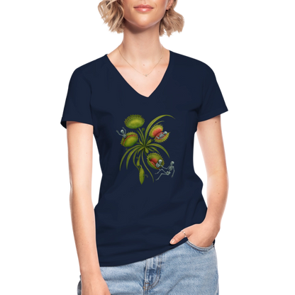 Flora Mortis - Venusfliegenfalle mit Skeletten - Klassisches Frauen-T-Shirt mit V-Ausschnitt - by Artful Alchemist
