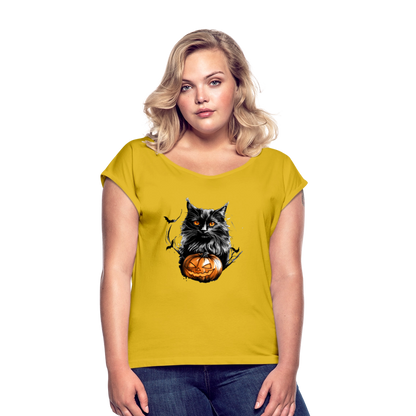 Schwarze Katze mit Halloween Kürbis - Frauen T-Shirt mit gerollten Ärmeln - by Artful Alchemist
