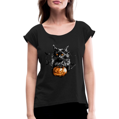 Schwarze Katze mit Halloween Kürbis - Frauen T-Shirt mit gerollten Ärmeln - by Artful Alchemist