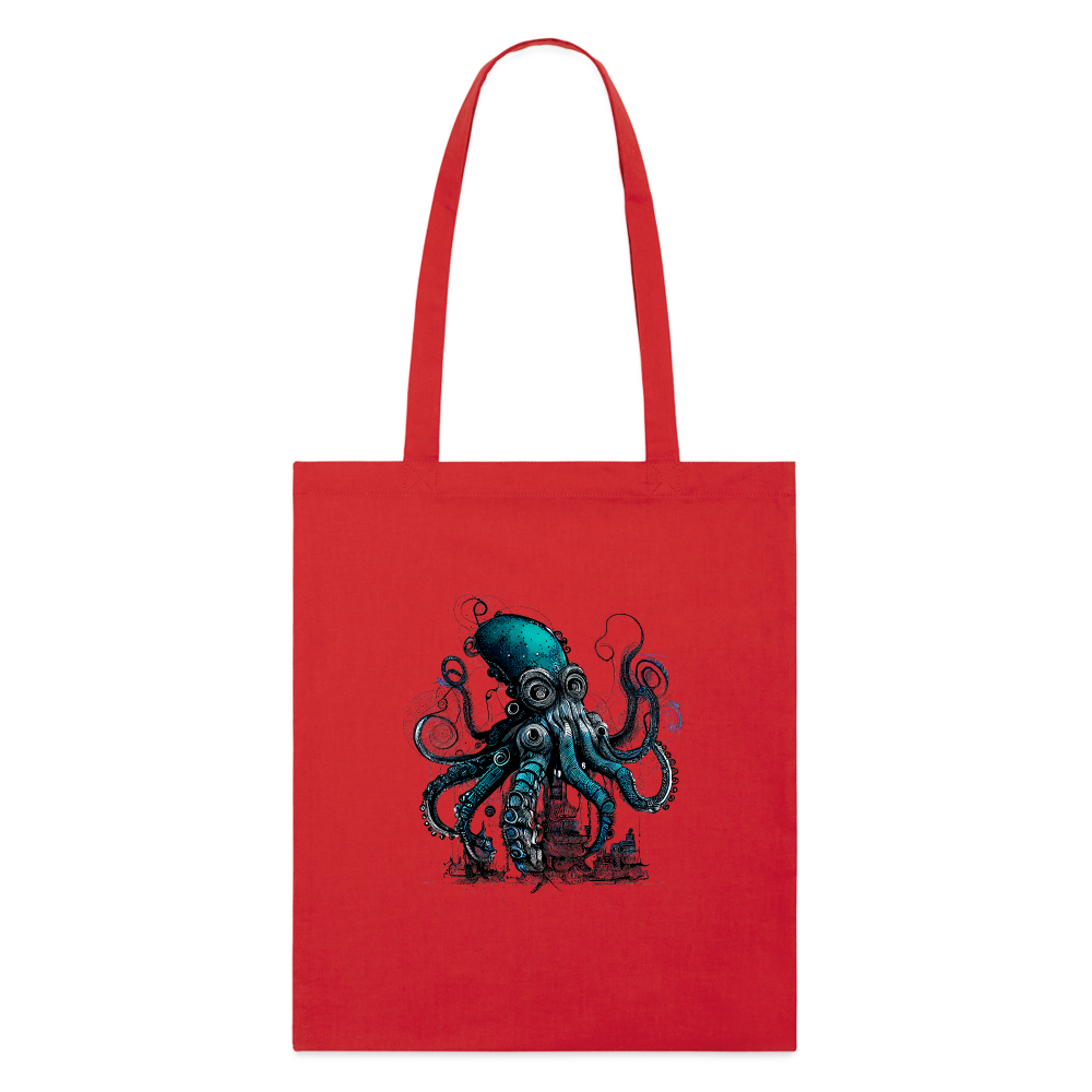 Steampunk Riesenkraken über kleinem Dorf - Stofftasche - Rot