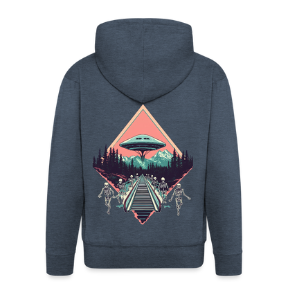 Retro UFO 80er Jahre Motiv - Surreale Skelette und Rolltreppe Richtung UFO - Männer Premium Kapuzenjacke - by Artful Alchemist