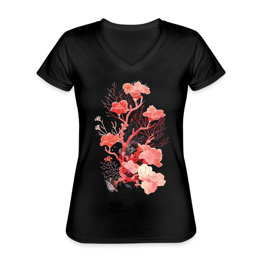 Zarte Korallen Blumen - Klassisches Frauen-T-Shirt mit V-Ausschnitt - Schwarz