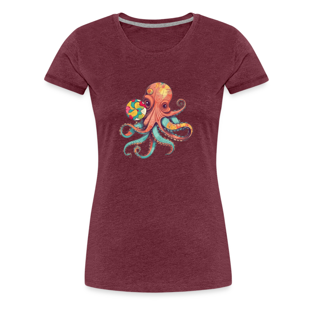 Lustiger Comic Oktopus mit Lollipop - Frauen Premium T-Shirts - Bordeauxrot meliert