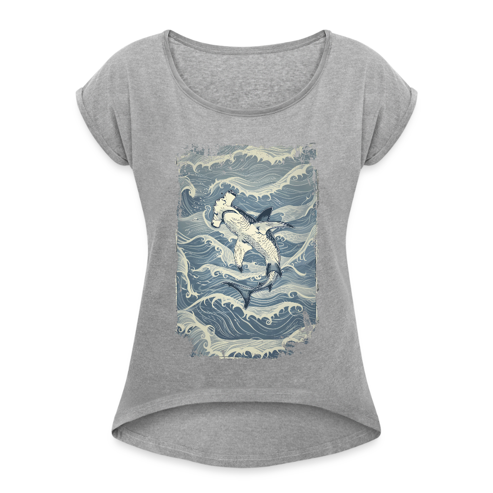 Vintage Hammerhai im japanischen inspirierten Tattoo Stil - Frauen T-Shirt mit gerollten Ärmeln - Grau meliert