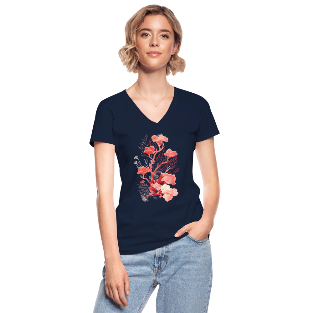 Zarte Korallen Blumen - Klassisches Frauen-T-Shirt mit V-Ausschnitt - Navy