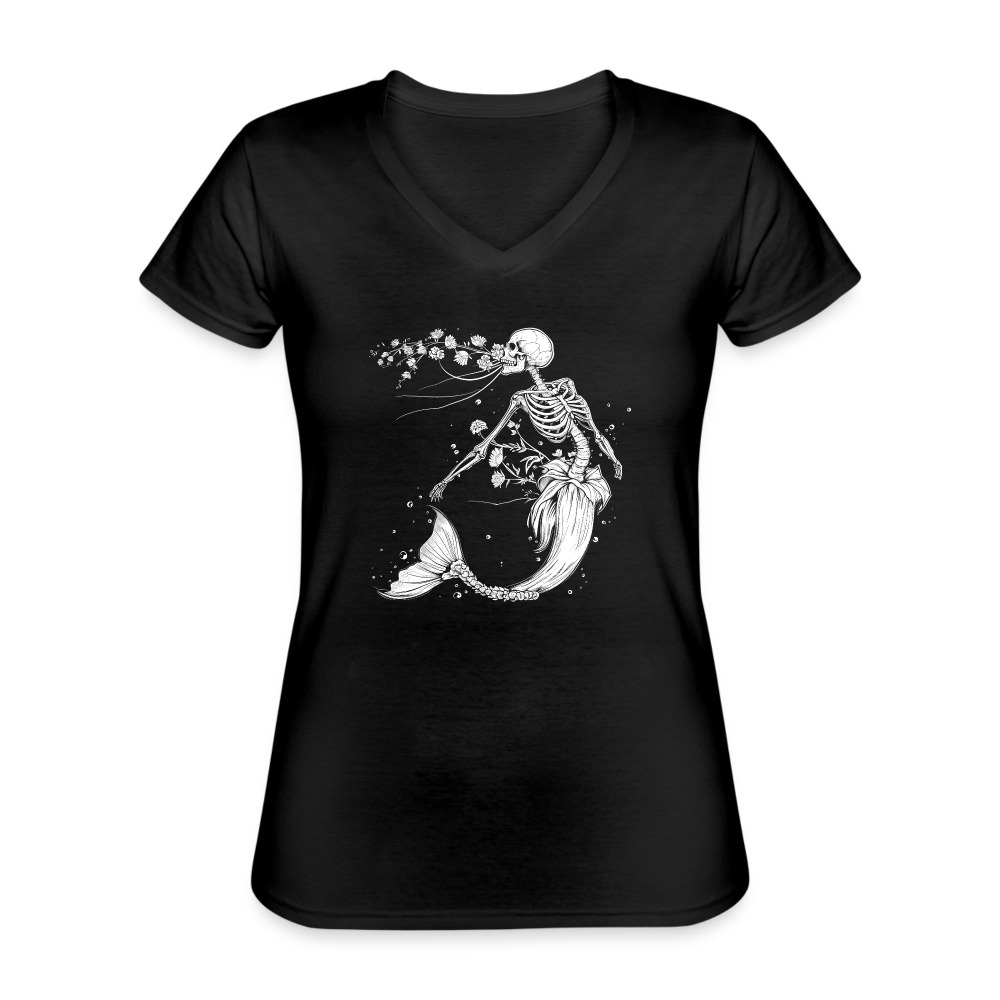 Florale Skelett Meerjungfrau - Klassisches Frauen-T-Shirt mit V-Ausschnitt - Schwarz