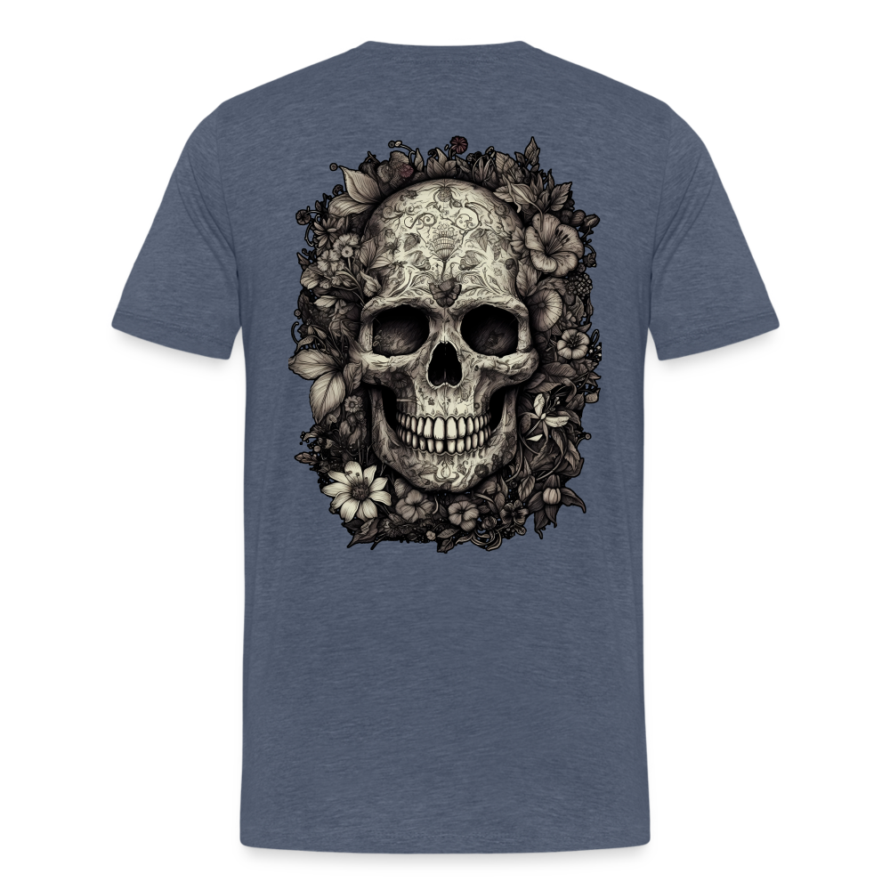 Boho Totenkopf mit Tattoos und Blumen - Männer Premium T-Shirt - Blau meliert