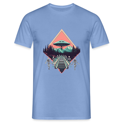 Retro UFO 80er Jahre Motiv - Surreale Skelette und Rolltreppe Richtung UFO - Männer T-Shirt - by Artful Alchemist